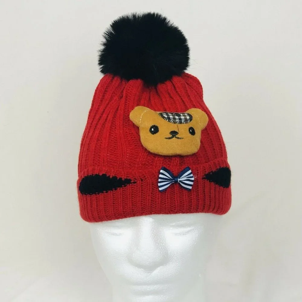 Kids Knit Beanie Pom Fleece‎ Lining Plush On Front-